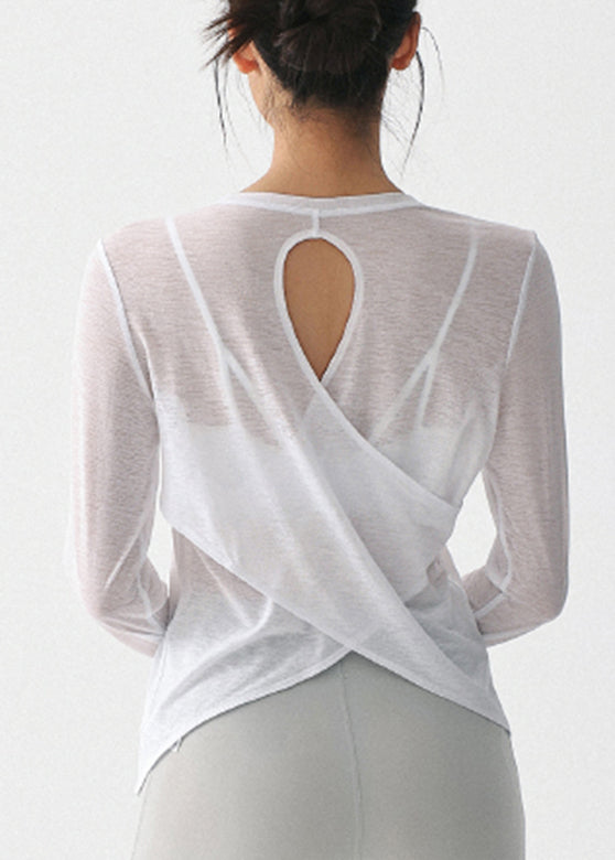 Women White O-Neck Hollow Out Yoga Smock Tops