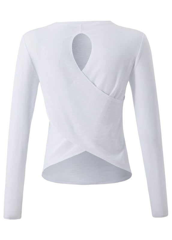 Women White O-Neck Hollow Out Yoga Smock Tops