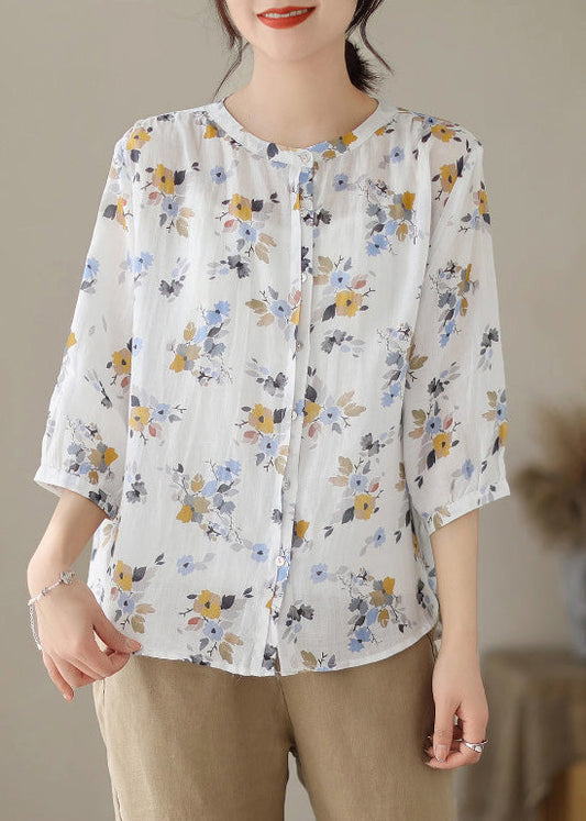 Frauen Weiß O-Neck Print Button Ramie Shirts Sommer