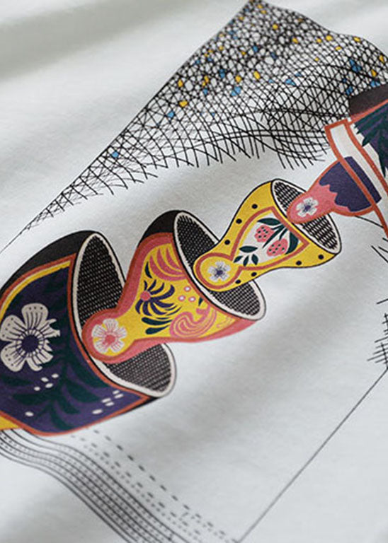 Damen Weißer O-Ausschnitt Loch Print Baumwolle Pullover Sweatshirt Langarm