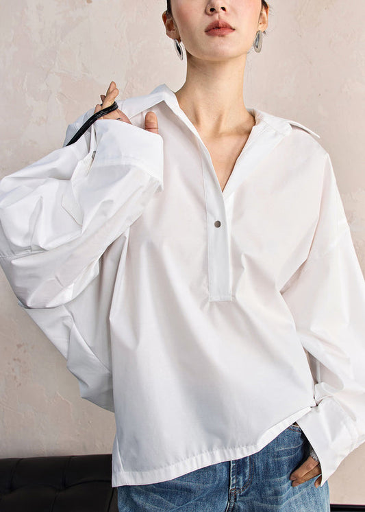 Women White Peter Pan Collar Button Solid Cotton Shirt Fall