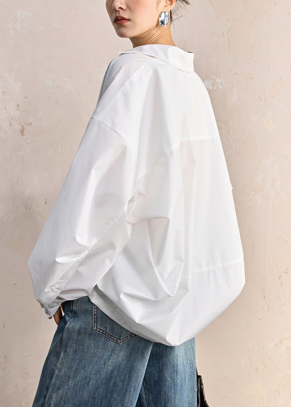 Women White Peter Pan Collar Button Solid Cotton Shirt Fall