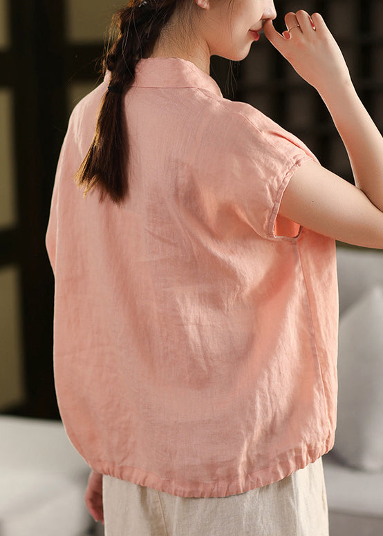 Women White Peter Pan Collar Lace Up Linen Blouse Summer