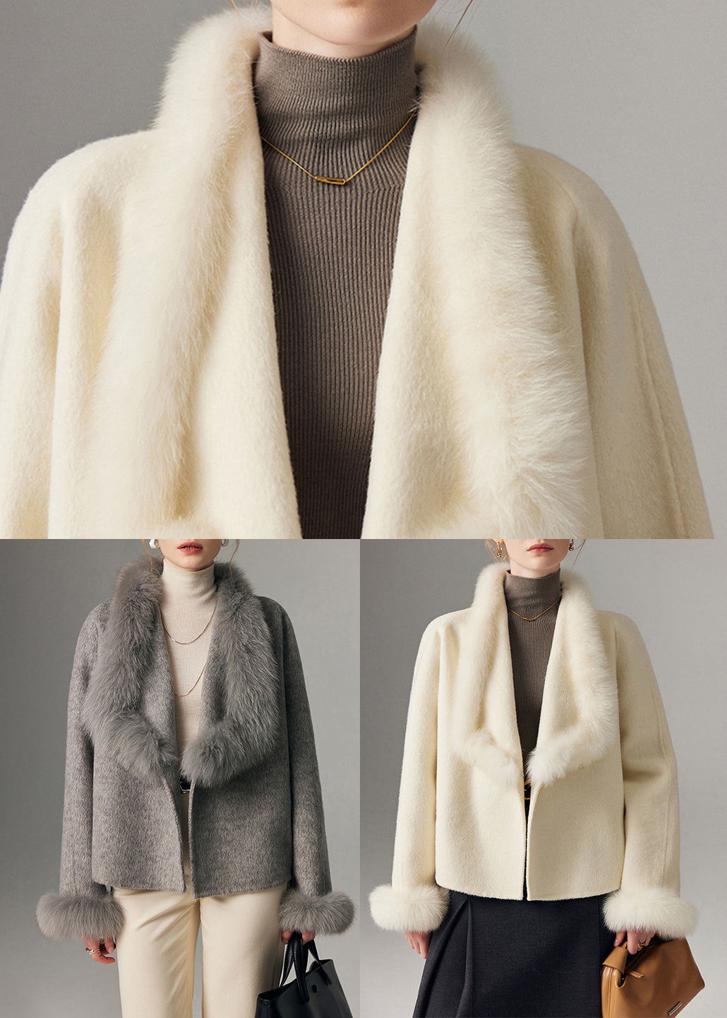 Cárdigan de lana de zorro con cuello Peter Pan blanco para mujer, con patchwork, para invierno