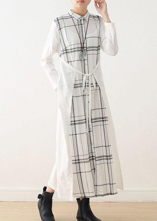 Women White Plaid Peter Pan Collar long Shirts Fall Party Dress - SooLinen