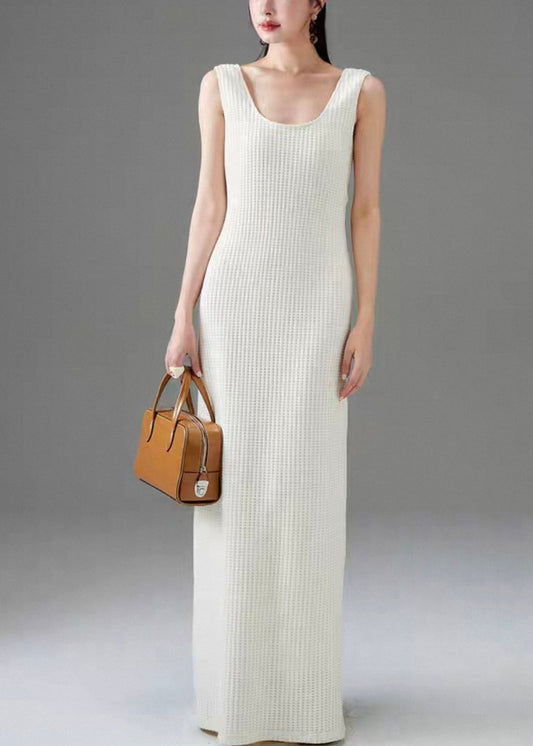 Women White Plaid Solid Cotton Long Dress Sleeveless