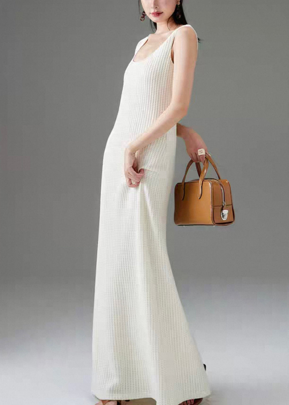 Women White Plaid Solid Cotton Long Dress Sleeveless