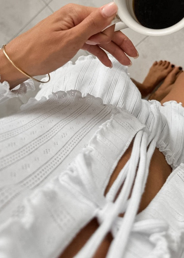 Women White Ruffled Lace Up Knit 2 Piece Outfit Summer