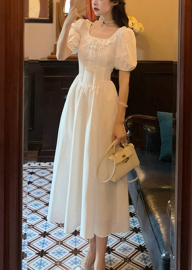 Frauen Weiß Rüschen Solide Baumwolle Lange Kleid Sommer