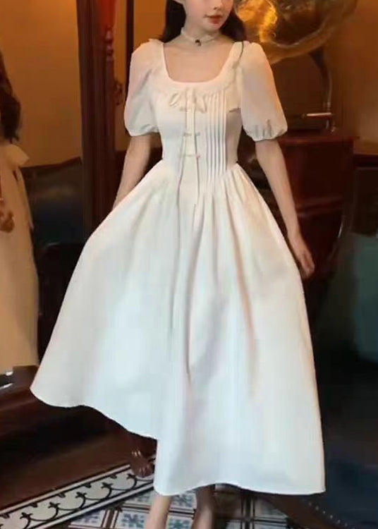 Frauen Weiß Rüschen Solide Baumwolle Lange Kleid Sommer