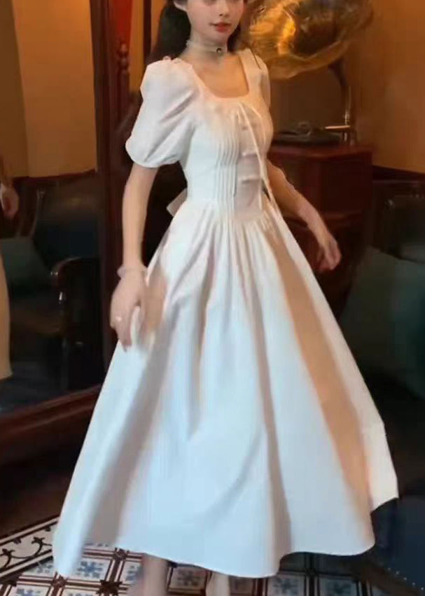 Frauen Weiß Rüschen Solide Baumwolle Lange Kleid Sommer