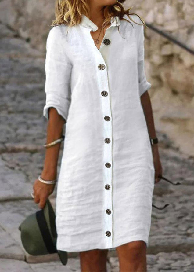 Frauen Weiß Stehkragen Taste Baumwolle Shirts Kleider Halbe Hülse