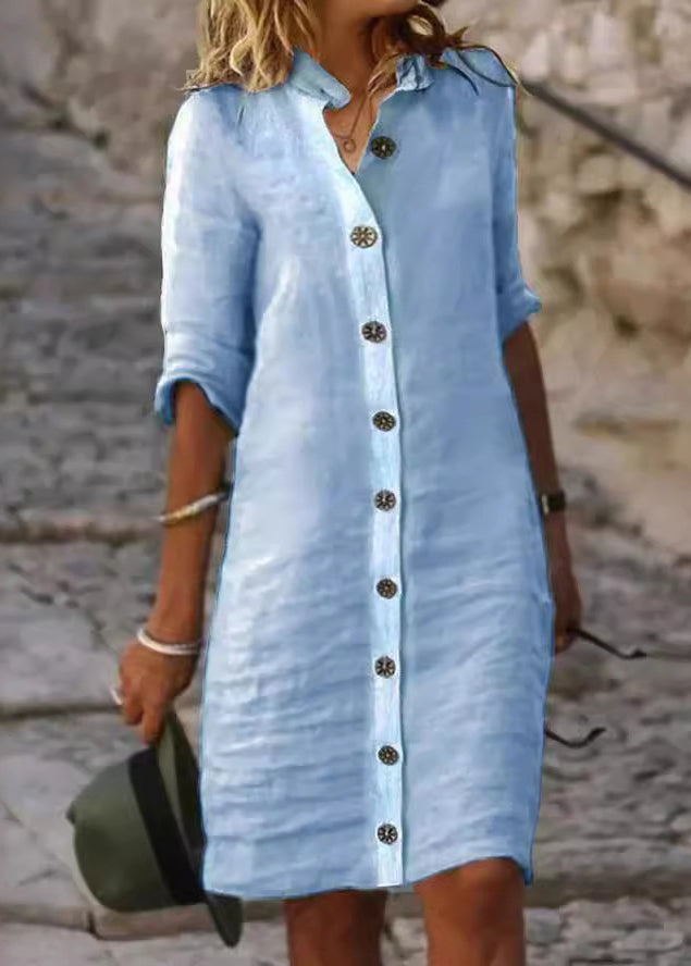 Frauen Weiß Stehkragen Taste Baumwolle Shirts Kleider Halbe Hülse