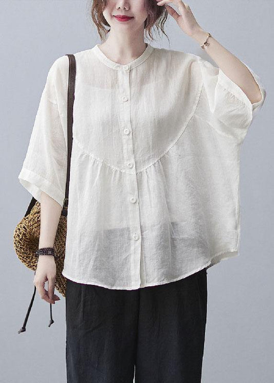 Women White Stand Collar Button Summer Cotton Linen Blouses - SooLinen