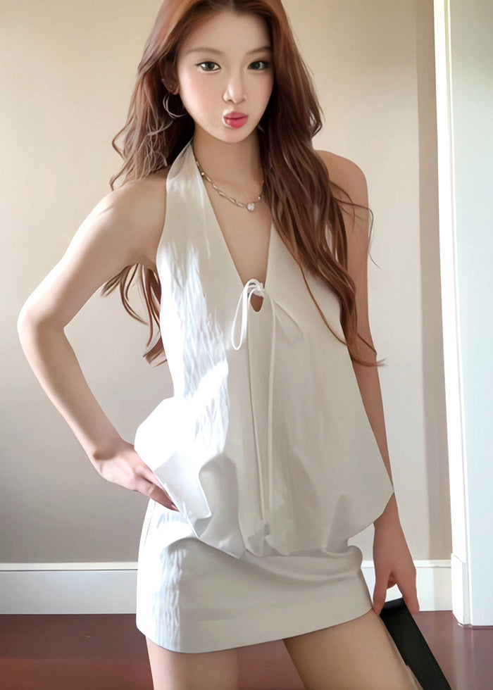 Women White V Neck Hanging Lace Up Cotton Two Pieces Set Summer