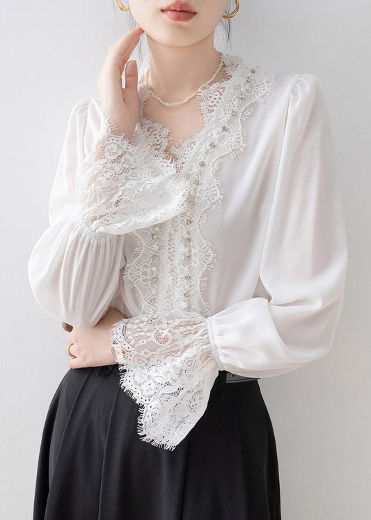 Women White V Neck Lace Patchwork Chiffon Top Spring