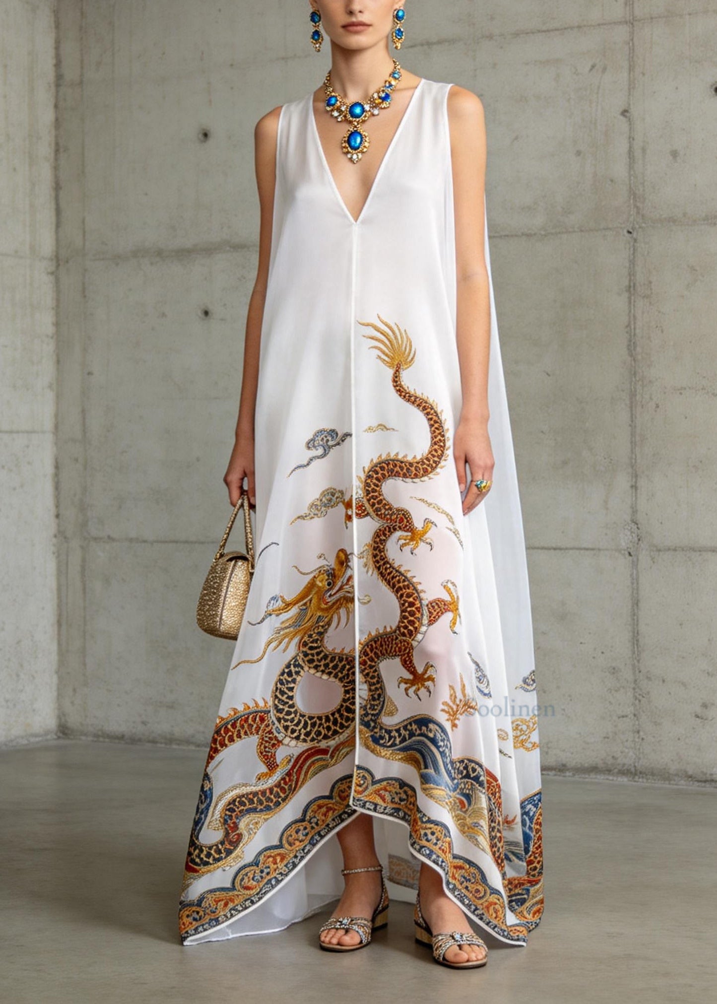 Women White V Neck Oriental Print Chiffon Dress Sleeveless