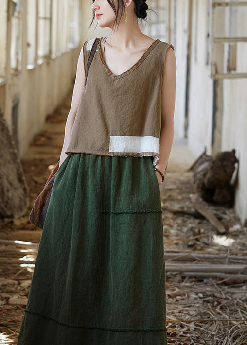 Frauen Weiß V-Ausschnitt Patchwork Leinen Shirt Top Ärmellos