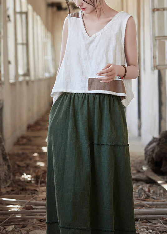 Frauen Weiß V-Ausschnitt Patchwork Leinen Shirt Top Ärmellos