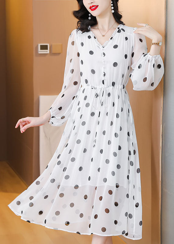 Frauen Weiß V Neck Print Kordelzug Chiffon Kleid Laterne Hülse
