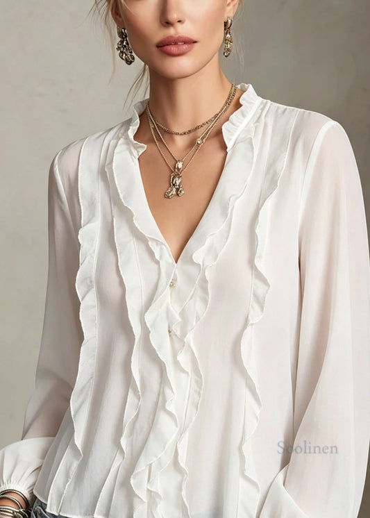 Women White V Neck Ruffled Patchwork Cotton Shirt Tops Long Sleeve