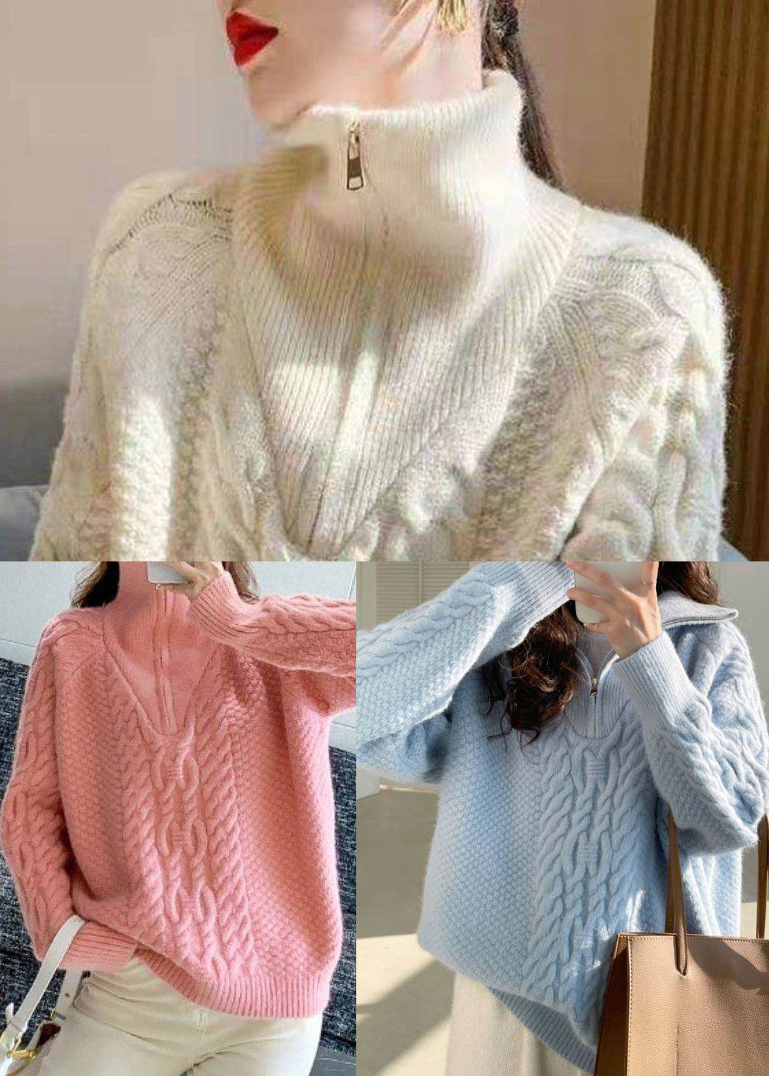 Women White Zip Up Warm Cable Knitted Tops Winter