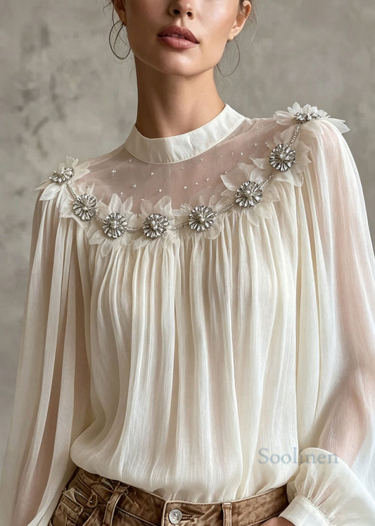 Women White Zircon Patchwork Chiffon Top Lantern Sleeve