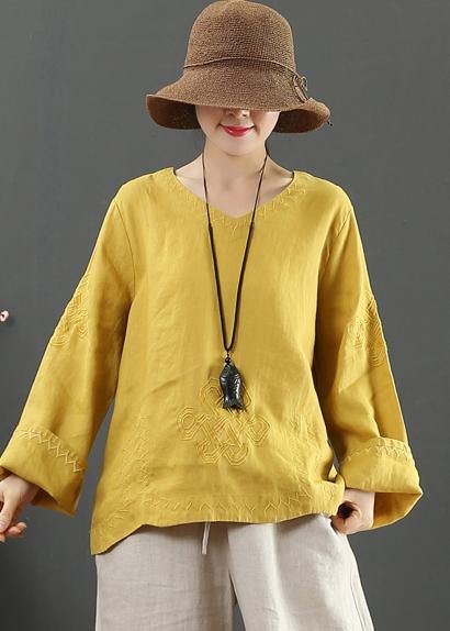 Women Yellow Clothes V Neck Embroidery Dresses Spring Blouse - SooLinen