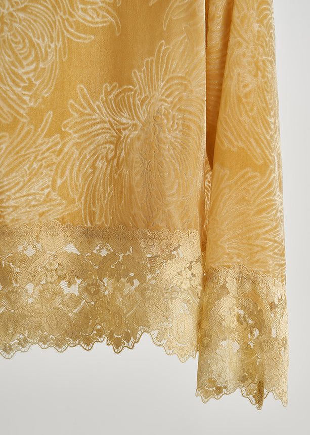 Camisa de terciopelo de seda con retazos de encaje de gran tamaño amarilla para mujer Primavera