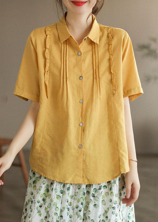 Blusas de algodón con cuello Peter Pan y volantes de patchwork para mujer, color amarillo, para verano