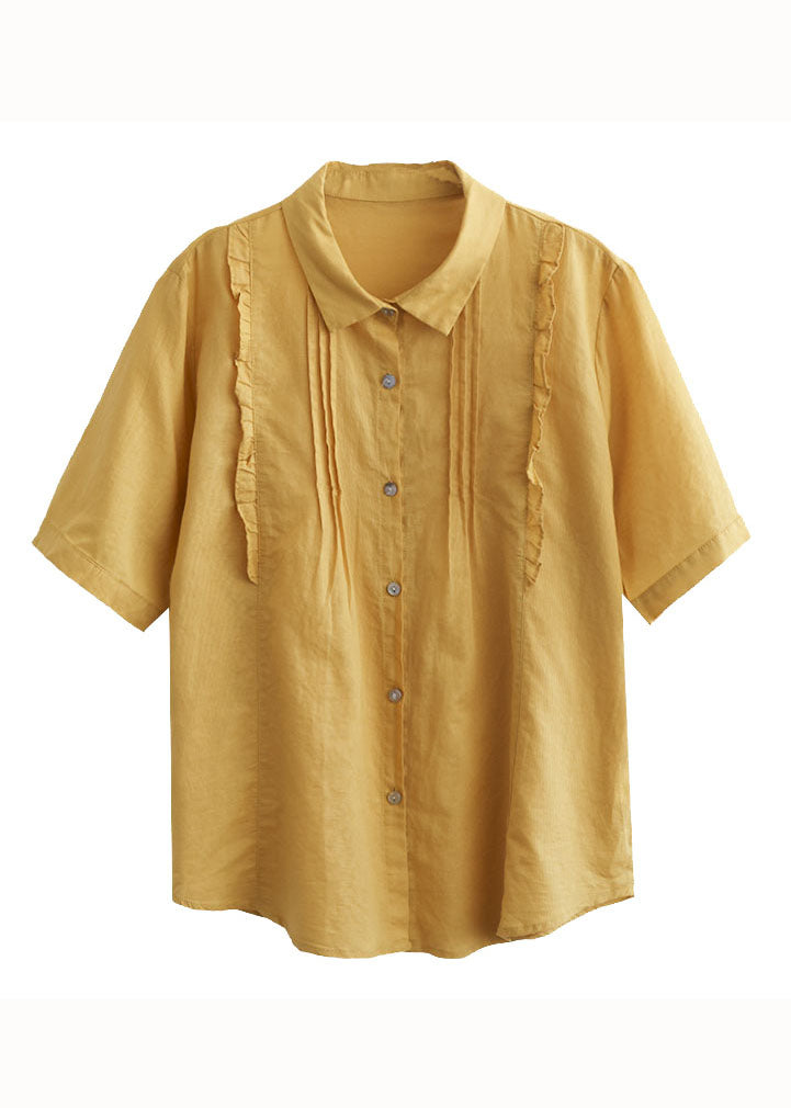 Blusas de algodón con cuello Peter Pan y volantes de patchwork para mujer, color amarillo, para verano