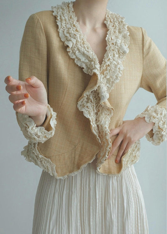 Gelbe Damenjacke aus Baumwolle mit Rüschen und Patchwork-Design, Frühling