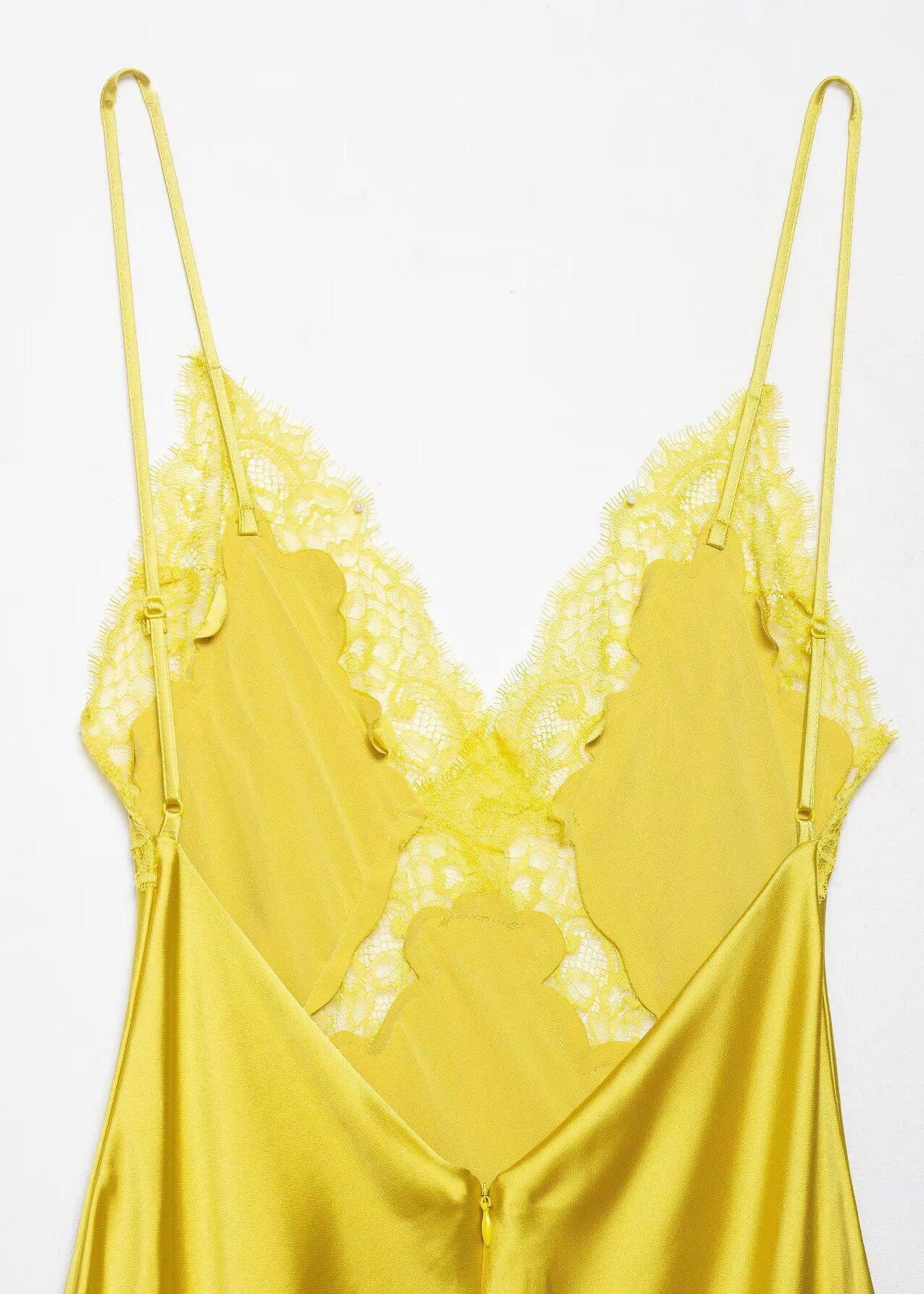 Women Yellow V Neck Backless Satin Spaghetti Strap Dress Summer