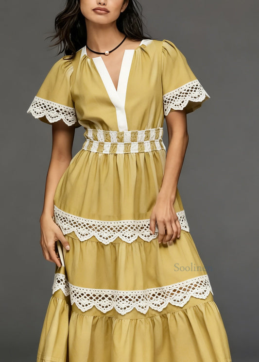 Women Yellow V Neck Lace Patchwork Cotton Long Dress Summer