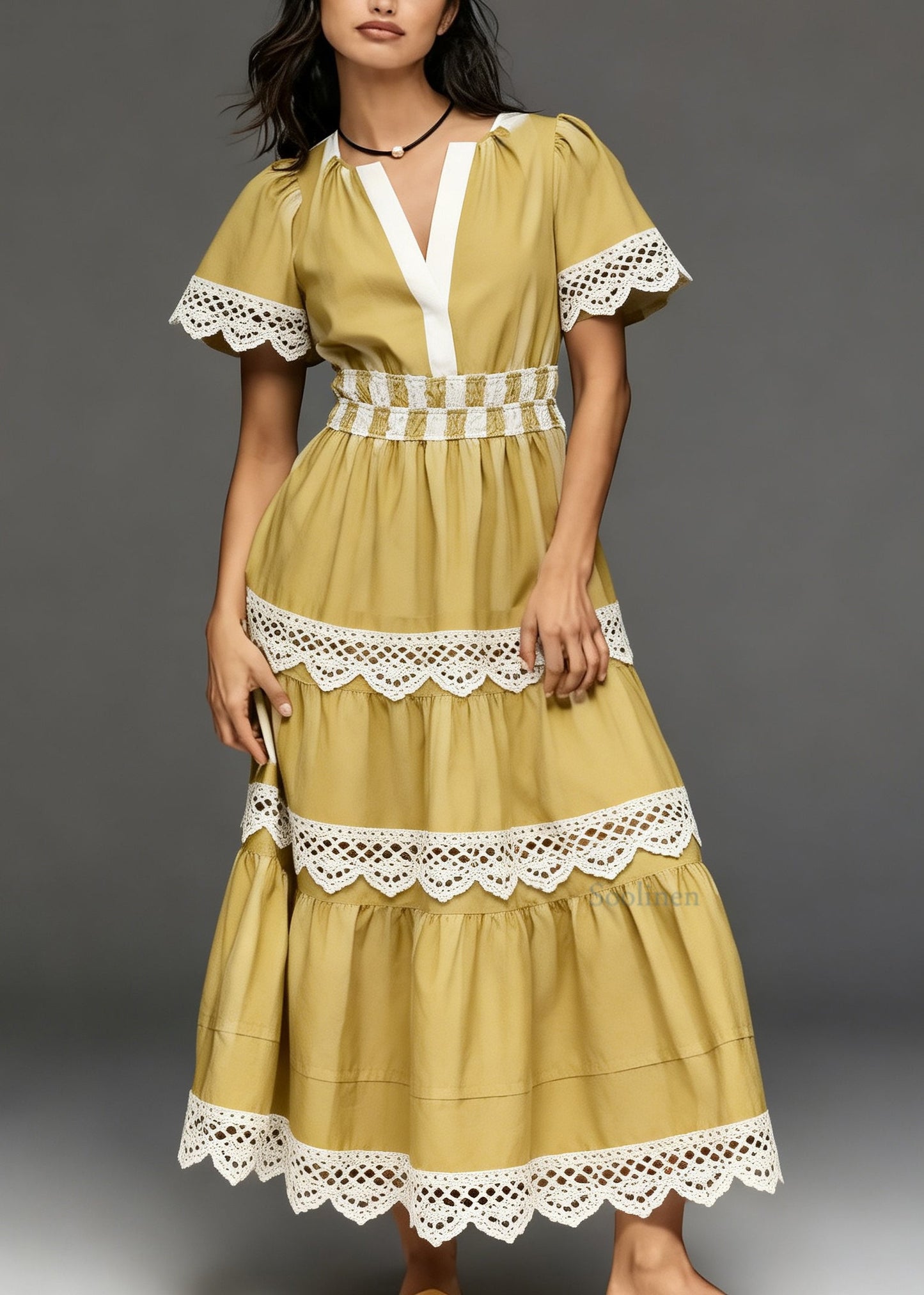 Women Yellow V Neck Lace Patchwork Cotton Long Dress Summer