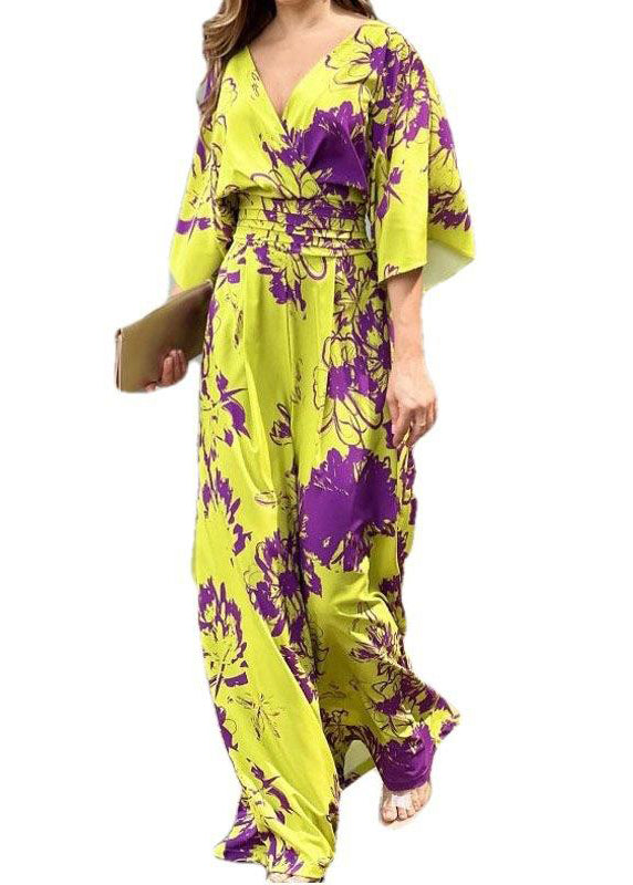 Women Yellow V Neck Print Cotton Jumpsuit Summer