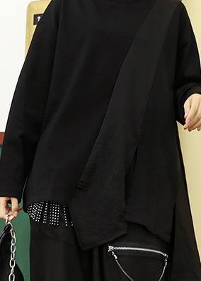 Women asymmetric cotton linen tops black shirts o neck patchwork - SooLinen