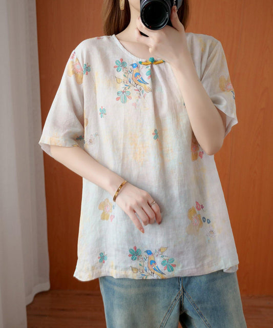 Women beige gray print women blouses o neck silhouette top - SooLinen