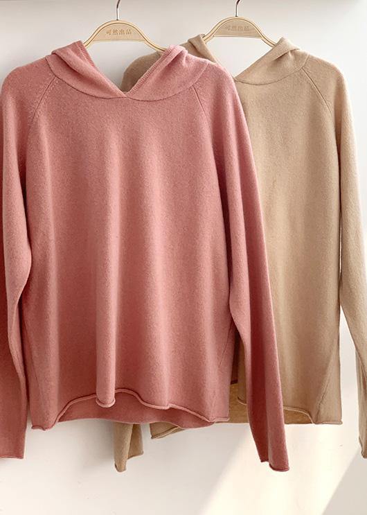 Women beige knit tops fall fashion hooded baggy knitted top - SooLinen