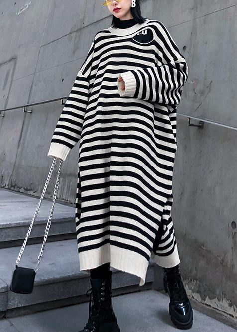 Women beige striped Sweater outfits Design o neck Hole DIY sweater dresses - SooLinen