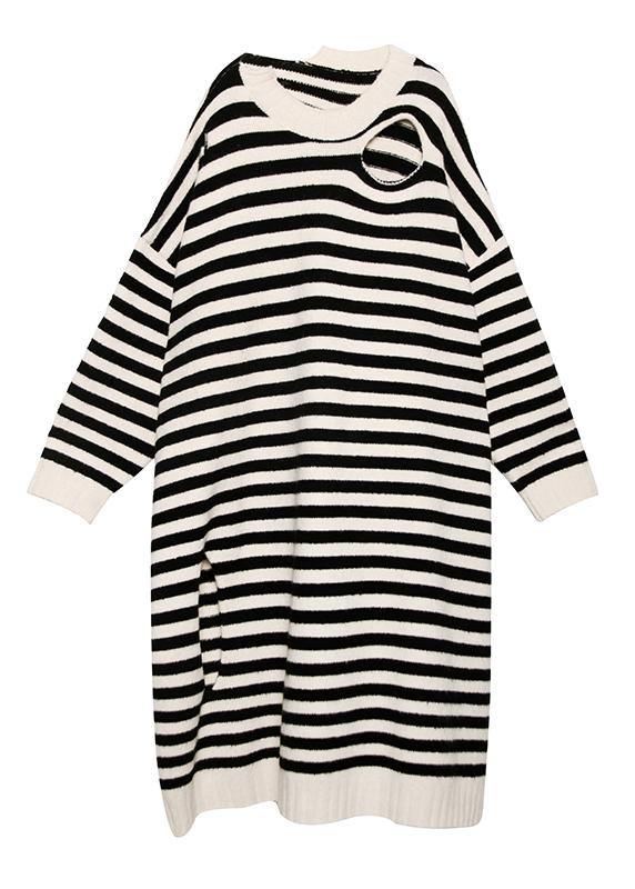 Women beige striped Sweater outfits Design o neck Hole DIY sweater dresses - SooLinen