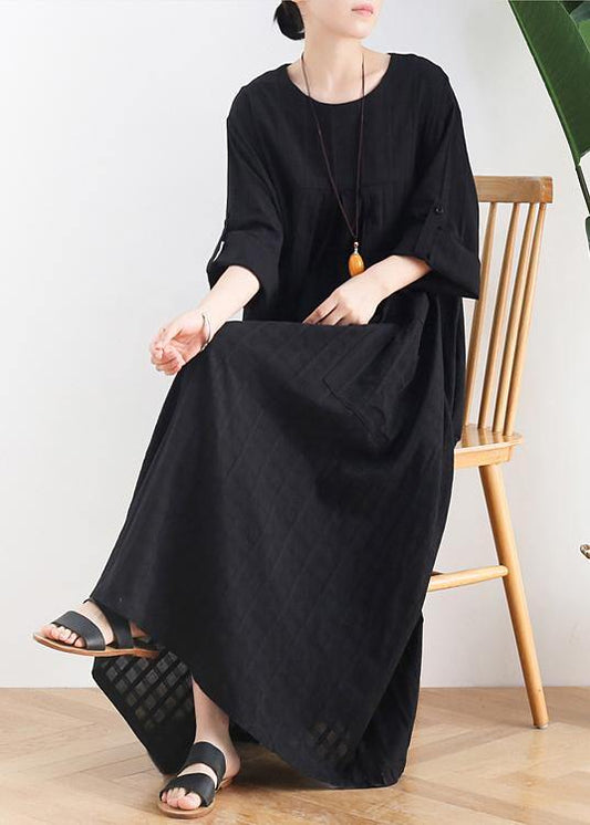 Women black cotton quilting dresses o neck Batwing Sleeve Maxi Dresses - SooLinen