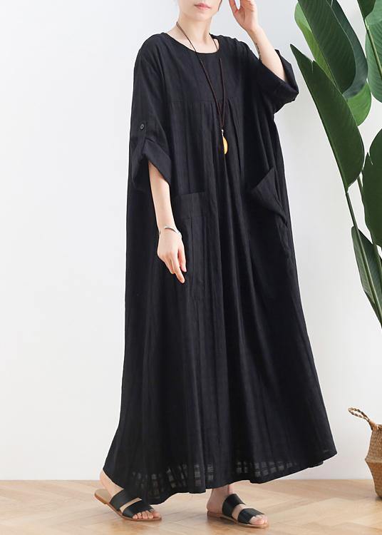 Women black cotton quilting dresses o neck Batwing Sleeve Maxi Dresses - SooLinen