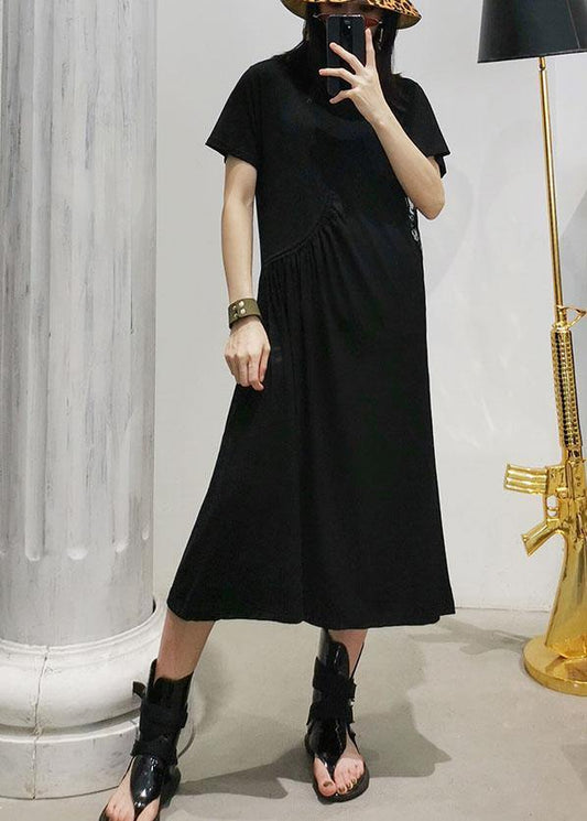 Women black cotton tunic dress hollow out Art summer Dresses - SooLinen