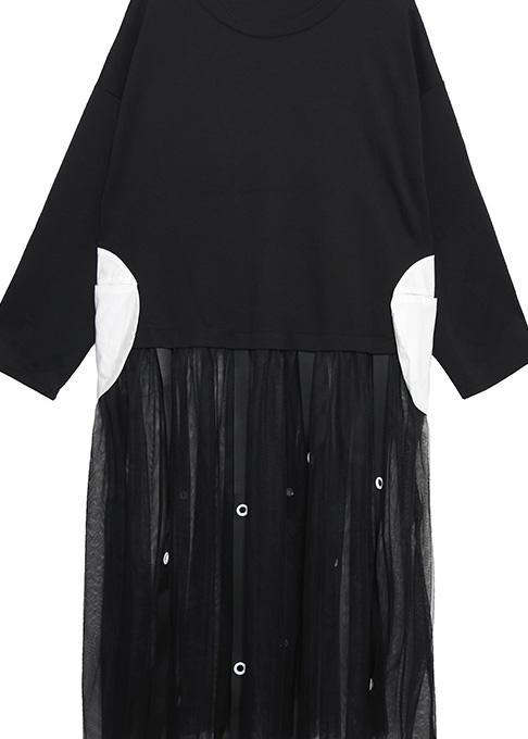 Women black cotton tunic top patchwork Traveling summer Dress - SooLinen