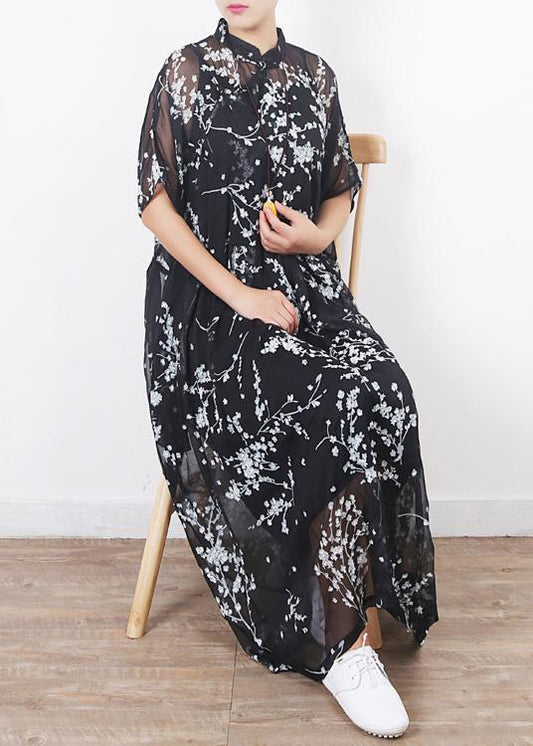 Damen schwarze Seidenkleider Boho Ärmel Kurzarm Maxi Sommerkleider