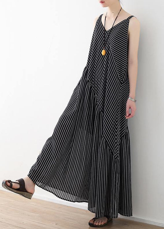 Women black striped chiffon clothes Boho Outfits Spaghetti Strap asymmetric Robe Summer Dresses - SooLinen