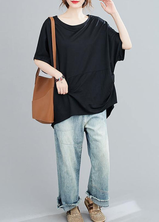 Women black top silhouette o neck Batwing Sleeve baggy shirts - SooLinen
