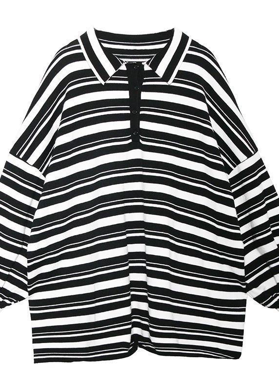 Women black white striped knit tops plus size clothing lapel baggy knit sweat tops - SooLinen