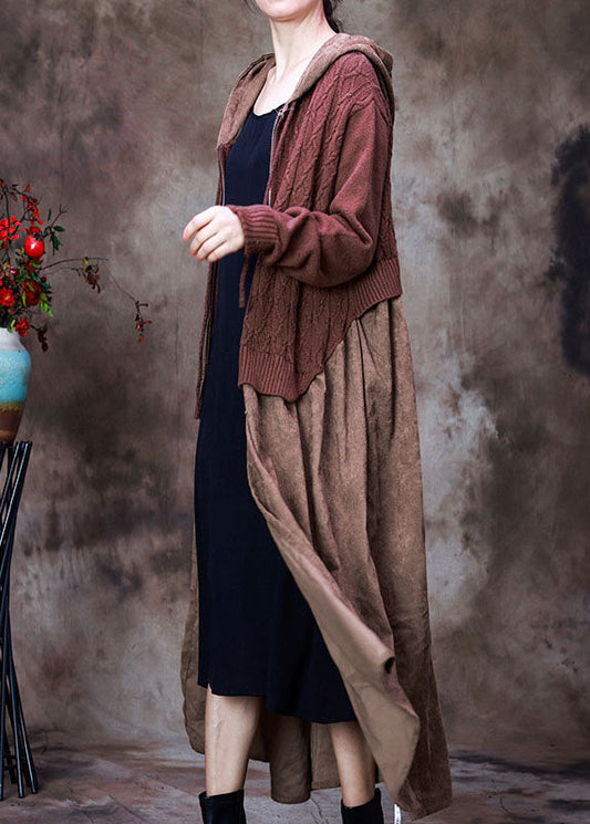 Frauen Schokolade reißverschluss kordelzug Kapuze Patchwork Stricken